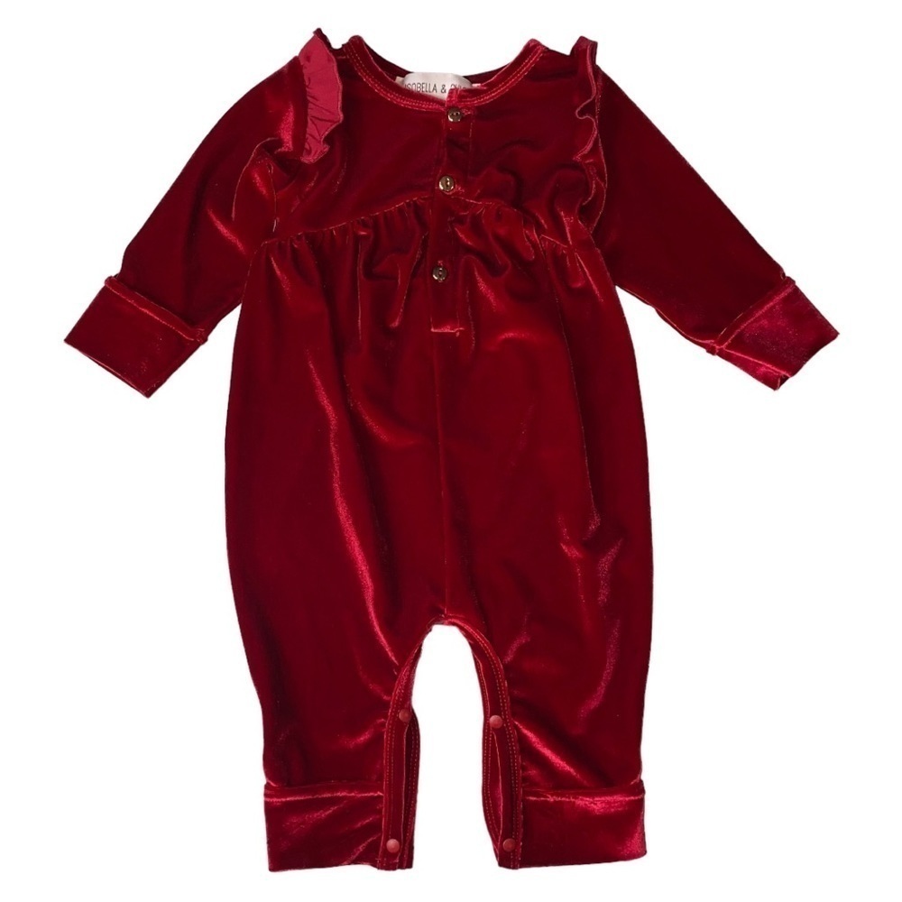 Isobella & Chloe Queen of Hearts Velvet Deep Crimson Christmas Romper 9M‎